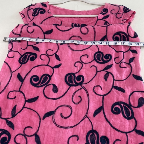 Italian 100% linen dress with navy blue embroidered detail cap sleeves, pockets - Picture 4 of 12